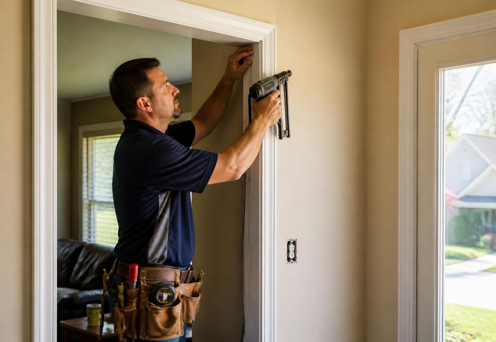 Contractor installing door trim inside a home