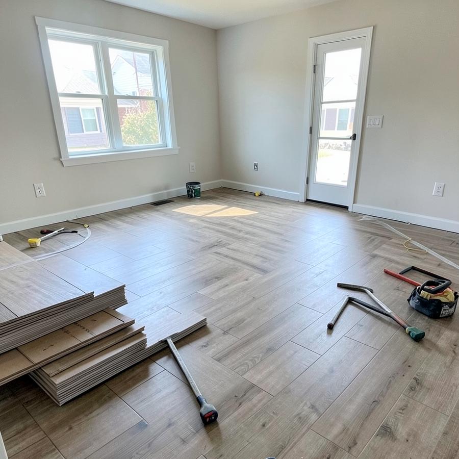 Plank flooring installation in a living room
